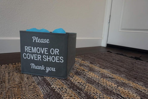 Disposable Shoe Cover Box for Realtor Listings and Open Houses, Please Cover or Remove Shoes Bin (Grey)