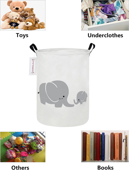 QUEENLALA Large Storage Basket, Collapsible Round Laundry Hamper, Boys and Girls Hamper with Parent-child Elephant