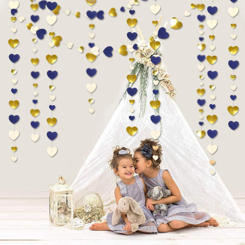 52Ft Valentines Day Party Decorations - Navy Blue Gold Love Heart Garland, Royal Blue Gold Hanging Streamer Banner for
