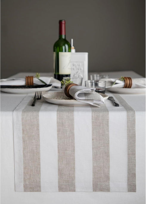 Solino Home Linen Table Runner 36 Inches - Cabana Stripe 100% Pure Linen Natural and White Table Runner 14 x 36 Inch