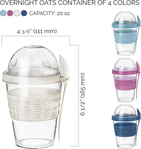 4 Pack 20 oz Set Crystalia On The Go Yogurt Parfait Cups with Lids & Spoons, Reusable Yogurt Containers, Take and Go