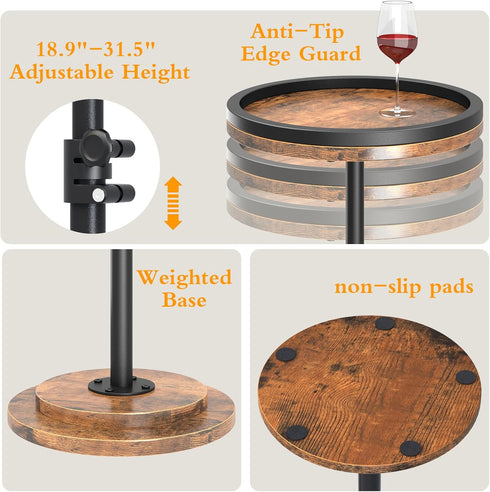 Kificet Small Side Table, Drink Table, Height Adjustable Round End Table, Pedestal Side Table for Small Spaces