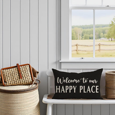 12x20 Inch Decorative Throw Pillow Cover Welcome to Our Happy Place Black White Outdoor Modern Farmhouse Front Porch