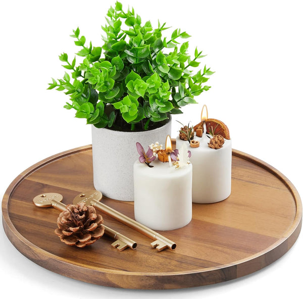 CMLKLZD 12 Inch Acacia Wood Round Tray, Wooden Decorative Serving Coffee Table Tray