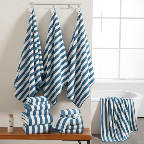 18 Set Loop-6 Towels,6 Towels,6 Set Pcs Navy Stripe Bath Towel with Hanging Bath Hand Washcloths Soft Family Towels