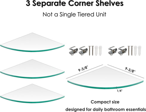 3 Pack Kingrol Glass Bathroom Shower Shelves, Extra Thick Wall Mounted Shelves, Clear Floating Corner Shelves