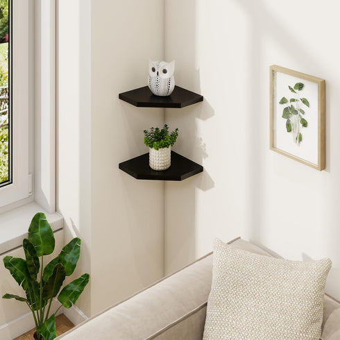 Set 2 7in Fun Memories Corner Shelf Wall Mount of - Solid Oak Wood Floating Corner Shelf with Cable Hole, Rustic Design