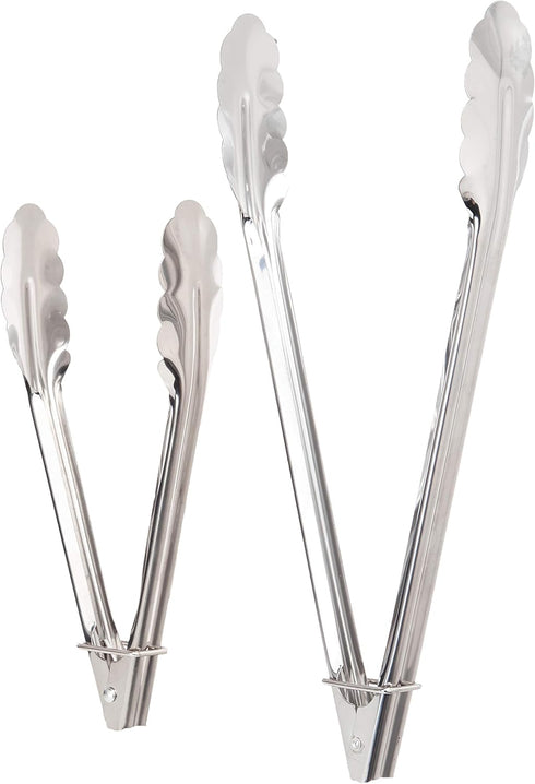 Chef Craft Set of 2 Stainless Steel Clam Shell Food Service Tongs, 9" & 12", Dishwasher Safe, Silver