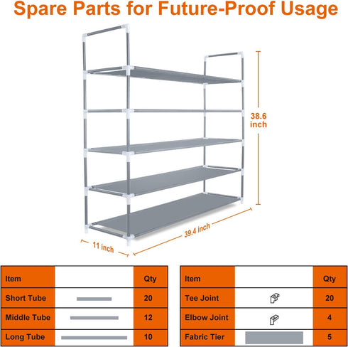 5-Tier Herron Shoe Rack, Durable & Stable Shoe Organizer, Space Saving, Non-Woven Fabric Shoe Shelf (Grey)