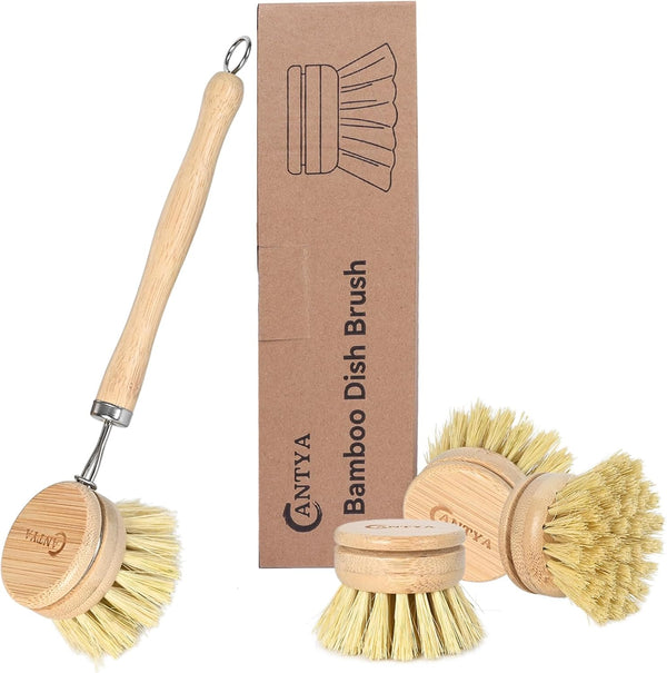 ANTYA Bamboo Dish Brush with Handle - Soft Bristle, Non Toxic Dish Scrubber