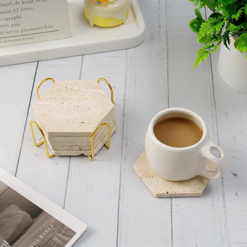 YONGHEE Set 6 Travertine Coasters of with Holder, Hexagonal Rustic Farmhouse Beige Marble Drink Coasters for Coffee