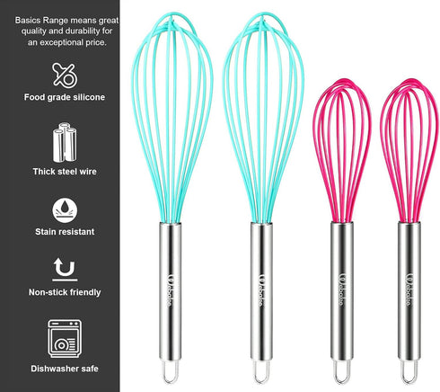 Webake Silicone Whisk Set of 4, 8 Inch and 10 Inch, for Nonstick Cookware
