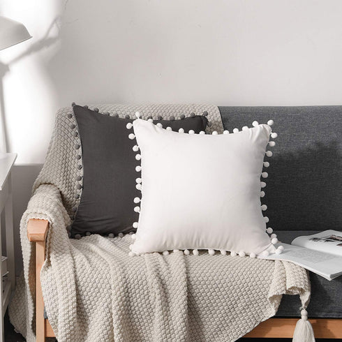 CAWANFLY Set of 2 Decorative Throw Pillow Covers with Cute Pom Pom, Soft Cushion Case for Couch Sofa Bed 18x18Inch