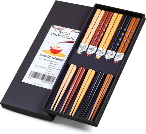 5 Pairs Japanese Minimalist Reusable Chopsticks, 8.8 Inch Non-Slip Natural Wood Set for Sushi, Noodles, Rice | Asian