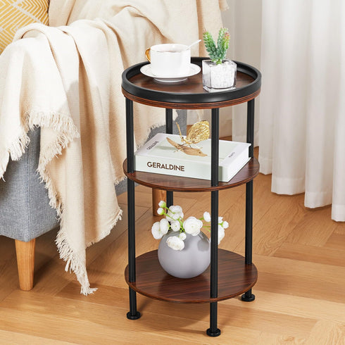 Small Round Side Table for Small Spaces - 3-Tier Modern Accent Table, Slim End Table for Living Room, Bedroom (Cherry)