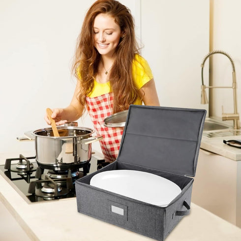 Platter Storage Case, Hard Shell China Storage Containers 17" x 13" x 6", Includes 5 Felt Dividers, Stackable, Linen