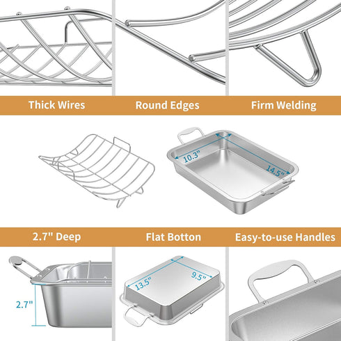 Skyflame Roasting Pan with Rack - Stainless Steel Rectangular Barbecue Bakeware with Nonstick U-Rack for Indoor/Outdoor