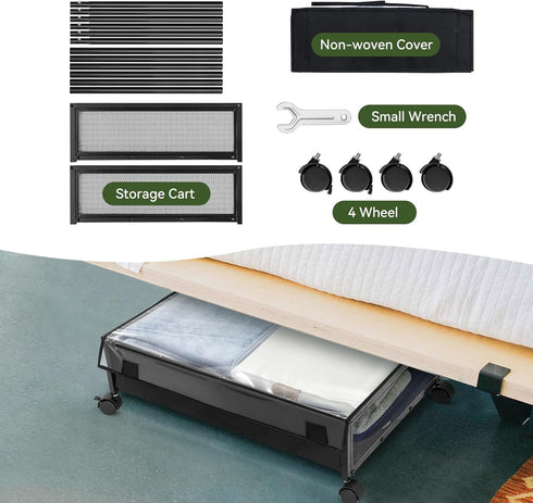 Under Bed Storage Containers Drawers on Wheels, Organizer with Dust Cover, 2 Pack (Black/Solid Fabric)