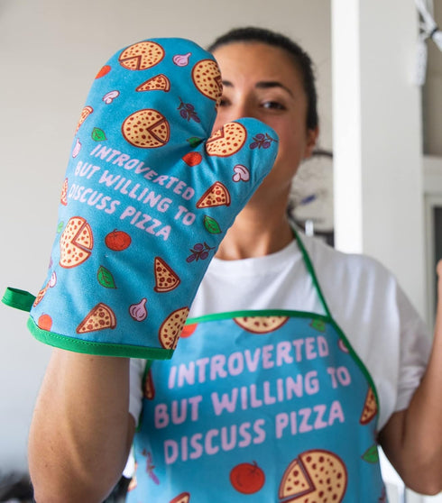 Introverted But Willing to Discuss Pizza Funny Graphic Kitchen Accessories, Cool Food Novelty Cookware Blue Oven Mitt