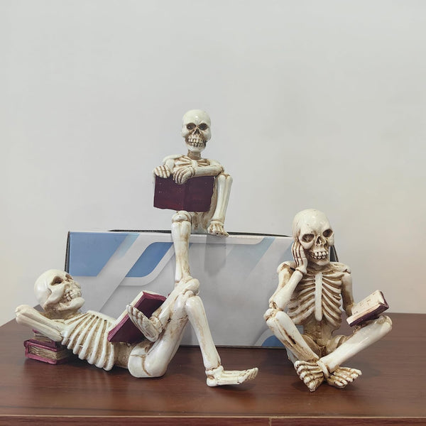 GJFASGF 3 Psc Reading Skeleton Statue Gothic Horror Decor for Bookshelf and Desk
