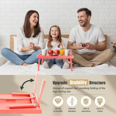 Bamboo Bed Table Tray with Support Bar and Foldable Legs, Breakfast Food Trays Table for Bed Sofa Eating and Laptops