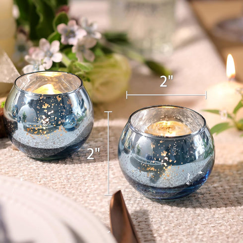 Set 12, Volens Round Blue Votive Candle Holders of Blue Wedding Centerpiece Table Decorations, Mercury Glass Tealight