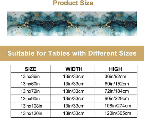 PHTAYOT 13x90in Teal White Gold Marble Table Runner, Teal White and Gold Abstract Texture Marble Pattern Print for Home