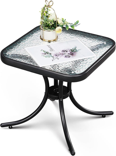 VINGLI Outdoor Side Table, 18" Patio Table Steel Frame Tempered Glass Top,