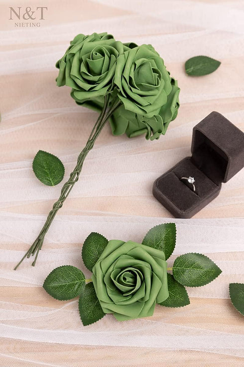 N&T NIETING 25pcs Artificial Roses Foam Flowers with Stems for DIY Cake Decoration, Army Green