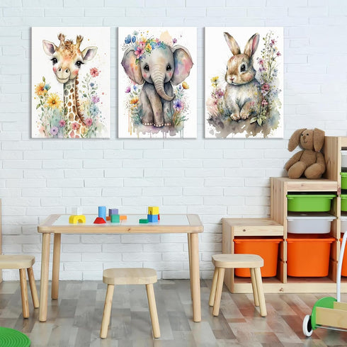 3Pcs 16x24in Safari Animal Nursery Canvas Wall Art Watercolor Baby Animals with Wildflowers Picture Posters Wall Decor