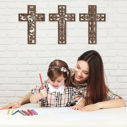 Yookeer 3 Pcs Wooden Cross Wall Decor - Handmade Antique Religious Brown Decorations for Home