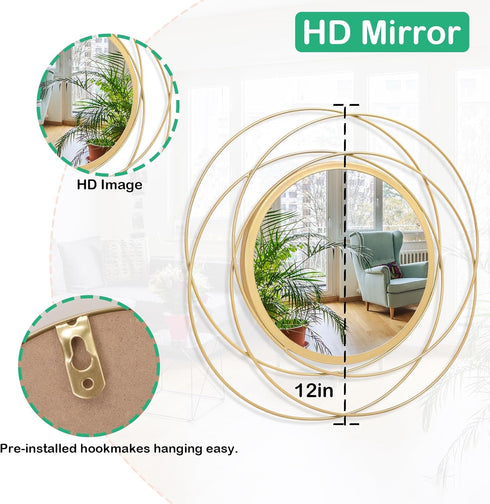 Gold Circular Art Mirrors for Wall, Classic Metal Iron Frame Decor for Living Room, Bedroom, Bathroom