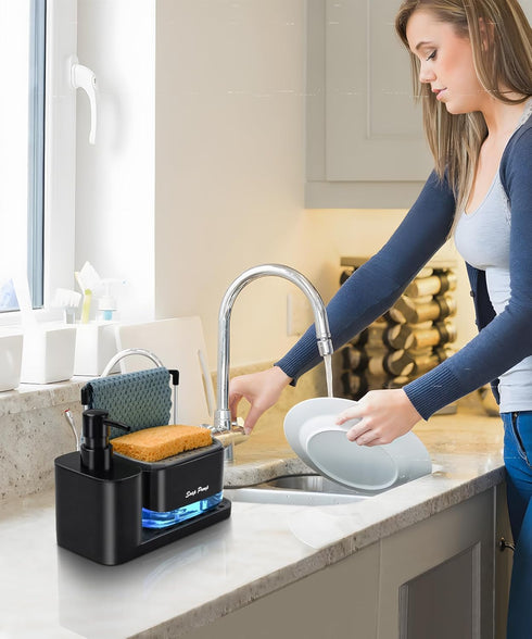 Set 5-in-1 Countertop Hand and Dish Soap Dispenser with Tray, Dual Soap Dispenser with Sponge Holder and Dishcloth