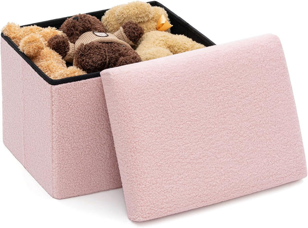Folding Storage Ottoman Bench, 16 Inch Boucle Small Ottoman Foot Rest for