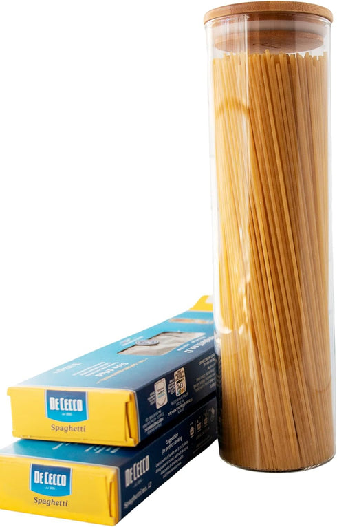 Cestari Pasta Storage Jars: Spaghetti Container Glass Pasta Jar with Bamboo Lid, Airtight Dry Food Storage Kitchen Canister for Snacks, Macaroni, Rotini, Noodles, Candy, and More