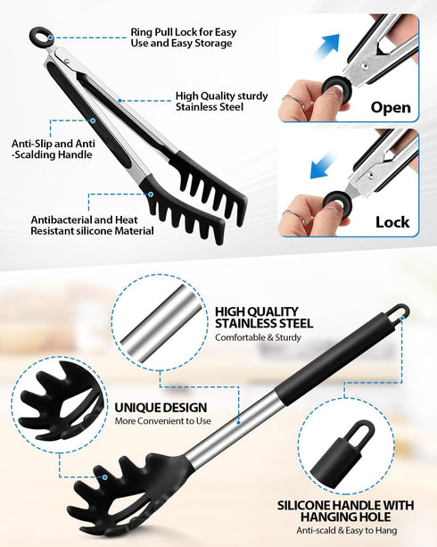 Spaghetti Spoon and Pasta Tong, Non-stick Silicone Spoon Server Fork with teeth and Stainless Steel Handle Spaghetti Tong, Food Clip for Spaghetti Noodle