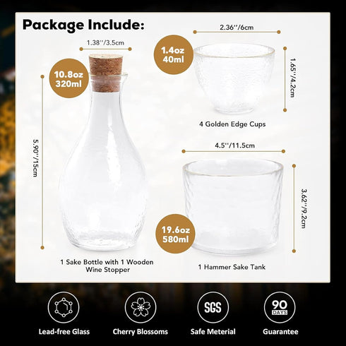 Set 4, Hammer 1 1 4 Set 6 DUJUST Japanese Sake for Glass Pattern in Golden Trim, Crystal Clear Sake Bottle, Sake Tank