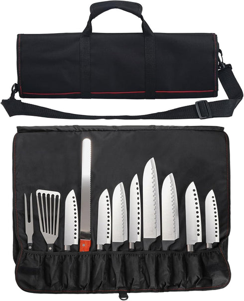 Tosnail Black Chef Knife Case Roll Bag with 21 Slots & 1 Large Zipper Pocket, Easy Carry Handle and Shoulder Strap