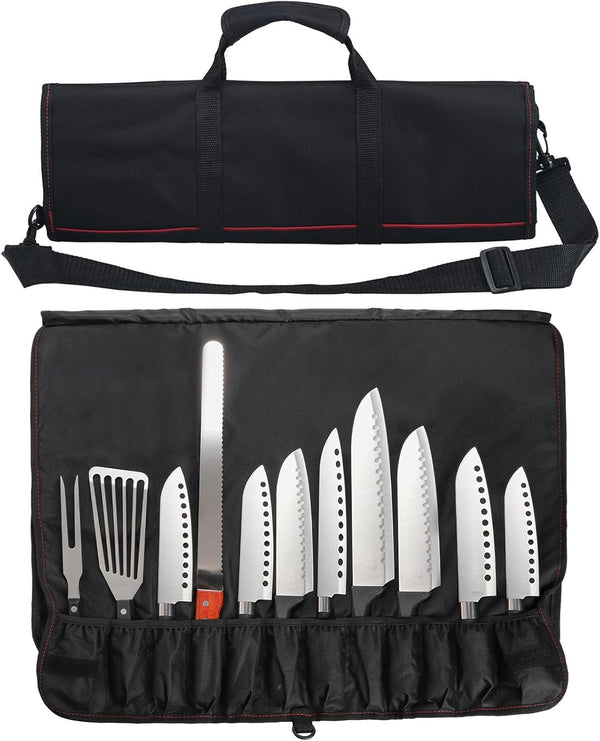 Tosnail Black Chef Knife Case Roll Bag with 21 Slots & 1 Large Zipper Pocket, Easy Carry Handle and Shoulder Strap