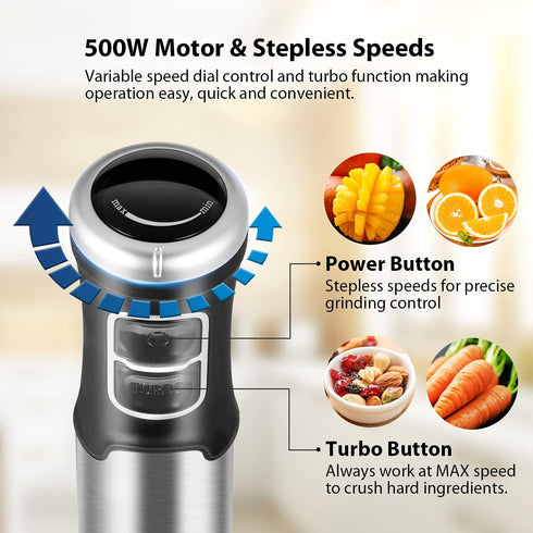 COMFEE' Immersion Hand Blender – Brushed Stainless Steel, 500 Watts, with Beaker, Chopper, Whisk for Smoothies and