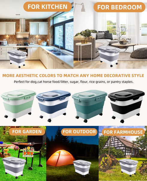 20-30 Lbs Rice Storage Container,Collapsible Food Storage Containers with Rolling Wheel Airtight Locking Lid,Flour
