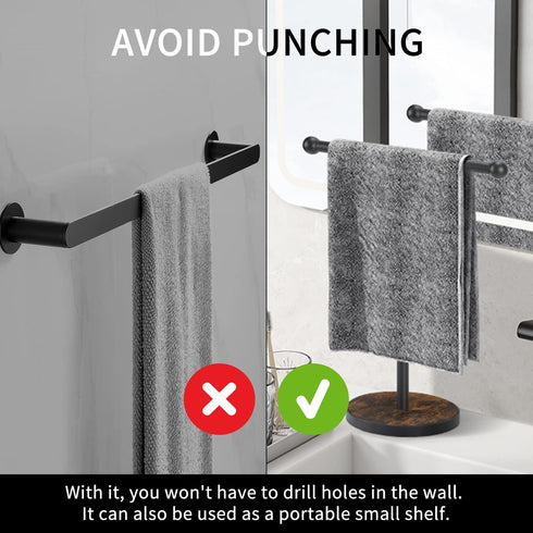 Hand Towel Holder Stand, Matte Black T-Shape Free Standing Holder for Bathroom, Heavy Base, 15” Height Wood Countertop