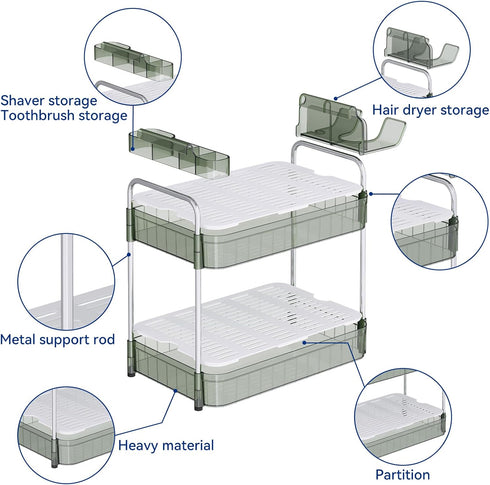 Counter 2 Countertop, Bathroom Organizer, Tier Makeup Skincare Storage Tray with Hair Dryer Holder and Toothbrush Rack