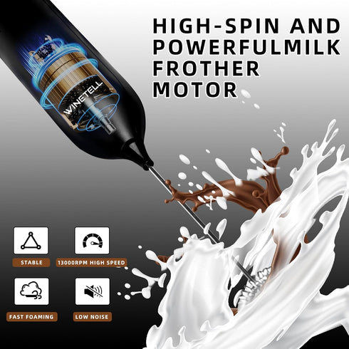 Rechargeable Handheld Electric Milk Frother with USB C Charging Stand, Powerful Whisk for Coffee, Hot Chocolate, Frappe