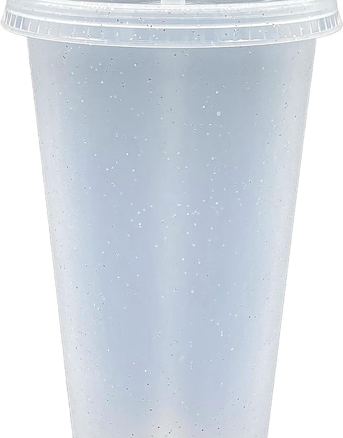 Generic 24 oz Reusable Glittered Translucent Cold Cup, 4 Pack with Straw and Lid