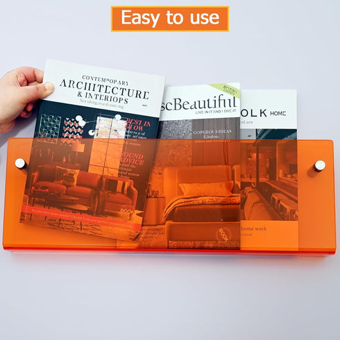2 Pack Orange Acrylic Magazine Holder, Wall Mount Hanging Bookshelf Literature Storage Rack, Brochure File Display