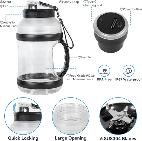 Portable Blender for Shakes & Smoothies 1800ML, Rechargeable Personal Blender with Travel Lid for Kitchen, Waterproof