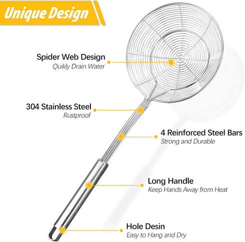 Pack of 2 Large Spider Strainer, Stainless Steel Skimmer Basket,Kitchen Ladle Strainers,Mesh Spoons with Long Handle, Cooking Tools for Frying, Boiling Noodles, Dumplings, Pasta by BUNDLEPRO