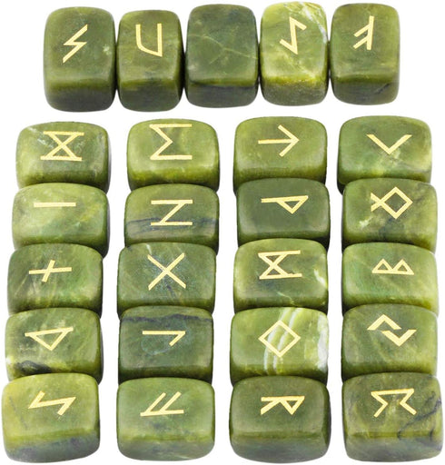 SUNYIK Natural Green Jade Rune Stones Set with Engraved Elder Futhark Alphabet, Polished Healing Crystals