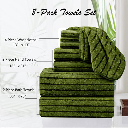 8 Set Sheet-2 Towels,2 Towels,4 Pcs Army Green Cabana Stripe Large Bath Towel Oversized Bath Bath Hand Washcloths Soft
